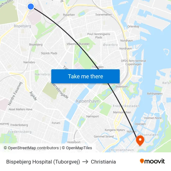 Bispebjerg Hospital (Tuborgvej) to Christiania map