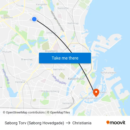 Søborg Torv (Søborg Hovedgade) to Christiania map