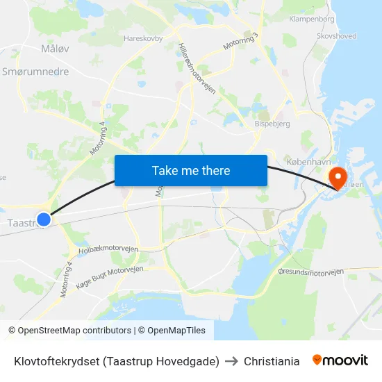 Klovtoftekrydset (Taastrup Hovedgade) to Christiania map