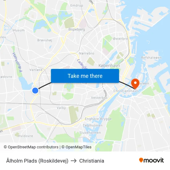 Ålholm Plads (Roskildevej) to Christiania map