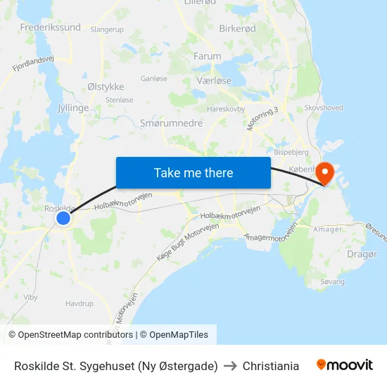 Roskilde St. Sygehuset (Ny Østergade) to Christiania map