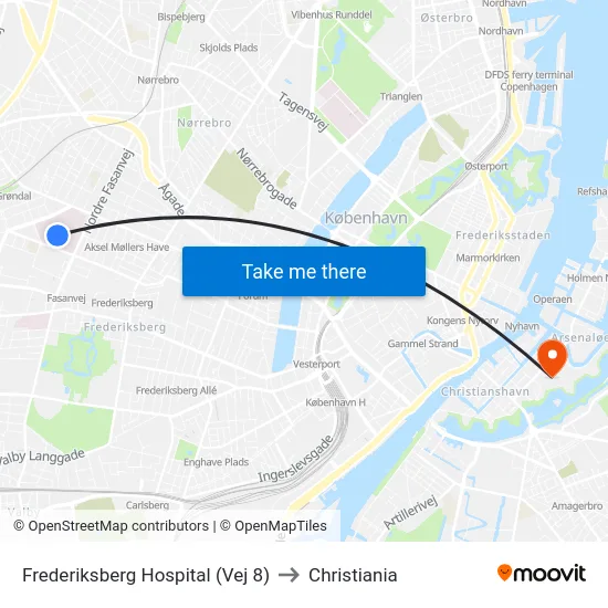Frederiksberg Hospital (Vej 8) to Christiania map