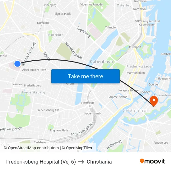 Frederiksberg Hospital (Vej 6) to Christiania map