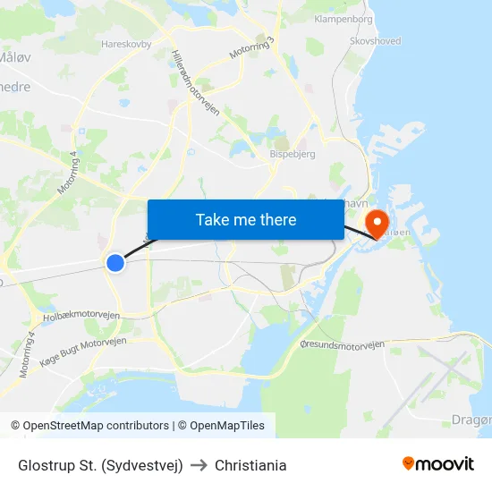 Glostrup St. (Sydvestvej) to Christiania map