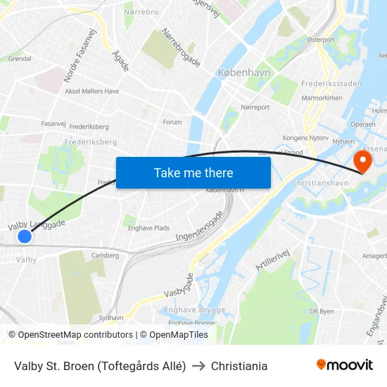 Valby St. Broen (Toftegårds Allé) to Christiania map