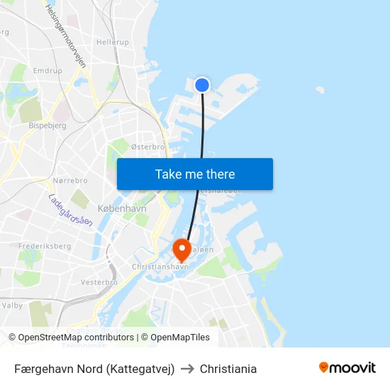 Færgehavn Nord (Kattegatvej) to Christiania map