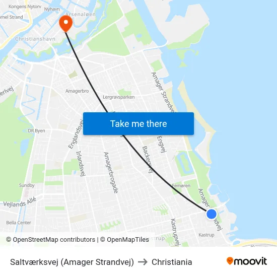 Saltværksvej (Amager Strandvej) to Christiania map
