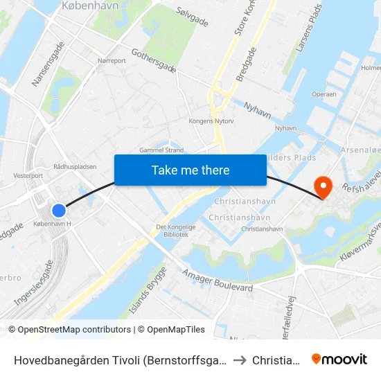 Hovedbanegården Tivoli (Bernstorffsgade) to Christiania map