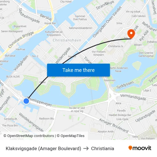 Klaksvigsgade (Amager Boulevard) to Christiania map