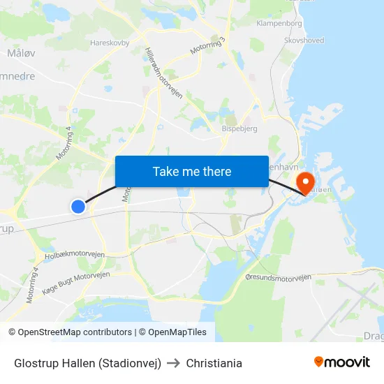 Glostrup Hallen (Stadionvej) to Christiania map