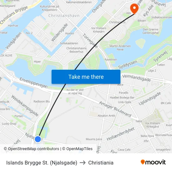 Islands Brygge St. (Njalsgade) to Christiania map