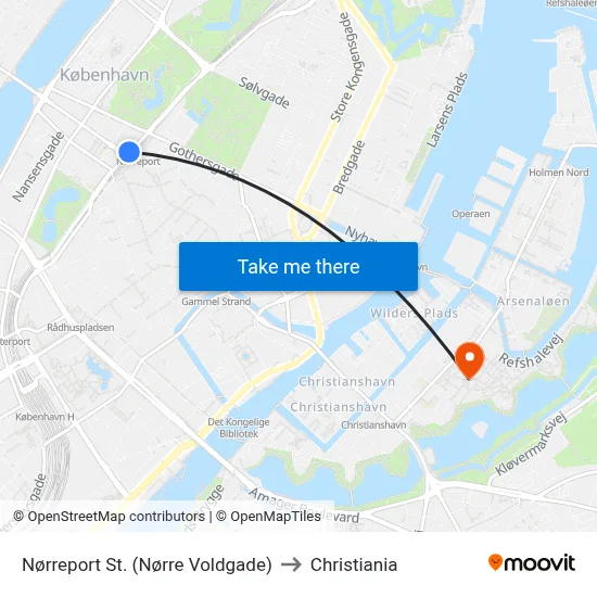 Nørreport St. (Nørre Voldgade) to Christiania map