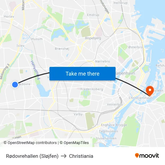 Rødovrehallen (Sløjfen) to Christiania map