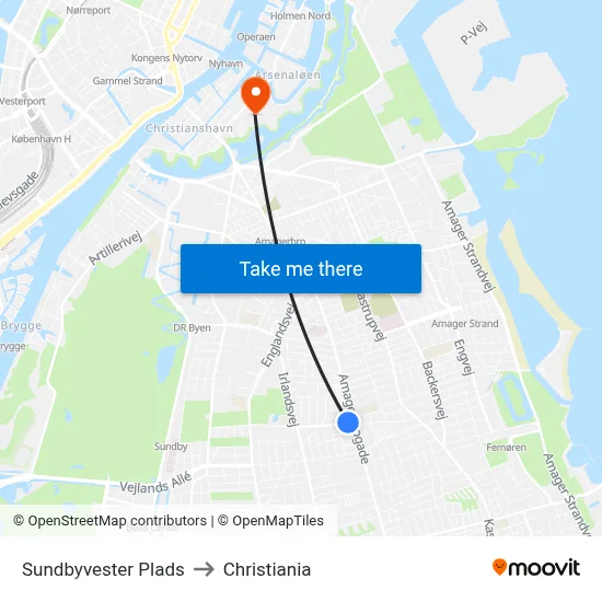Sundbyvester Plads to Christiania map