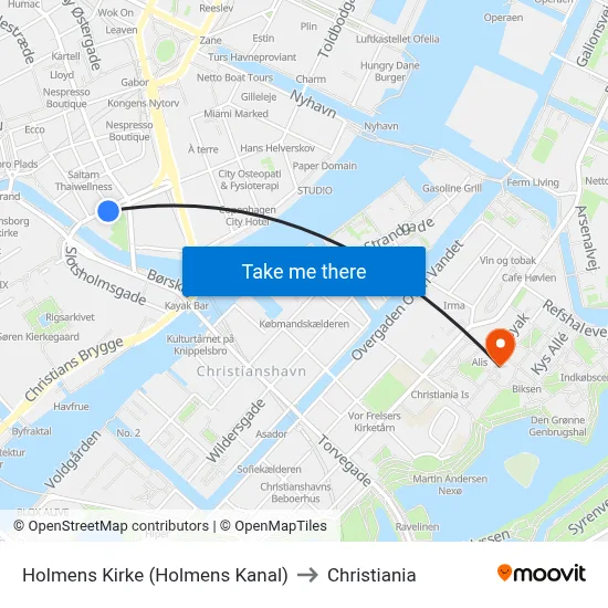 Holmens Kirke (Holmens Kanal) to Christiania map