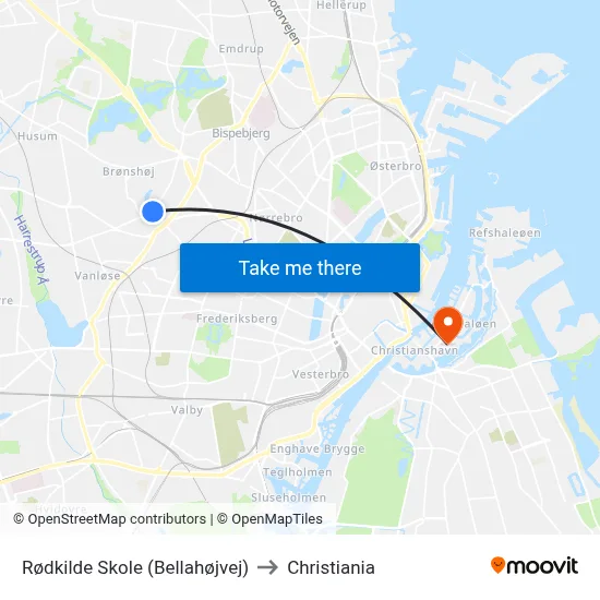 Rødkilde Skole (Bellahøjvej) to Christiania map