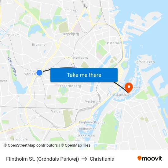 Flintholm St. (Grøndals Parkvej) to Christiania map