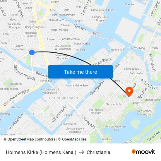 Holmens Kirke (Holmens Kanal) to Christiania map