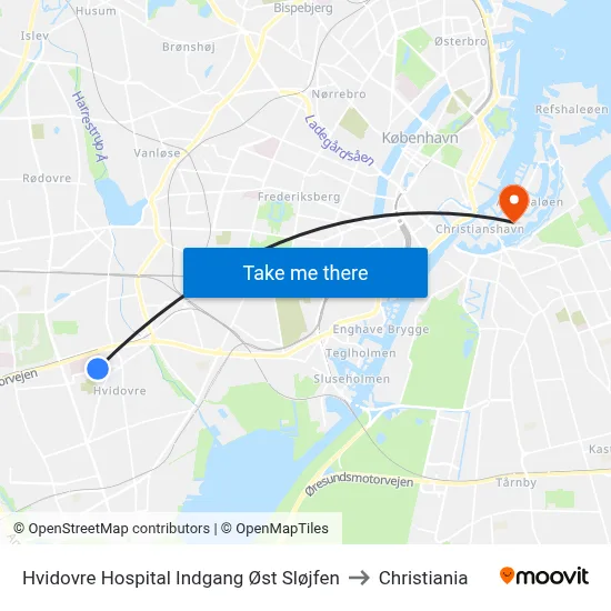Hvidovre Hospital Indgang Øst Sløjfen to Christiania map