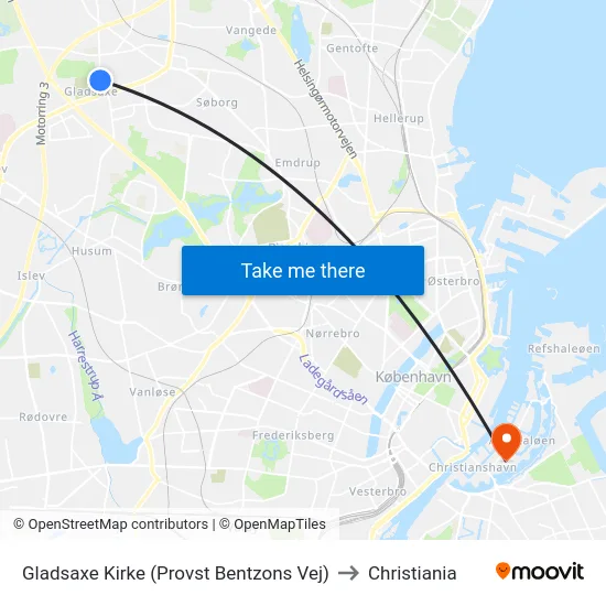 Gladsaxe Kirke (Provst Bentzons Vej) to Christiania map