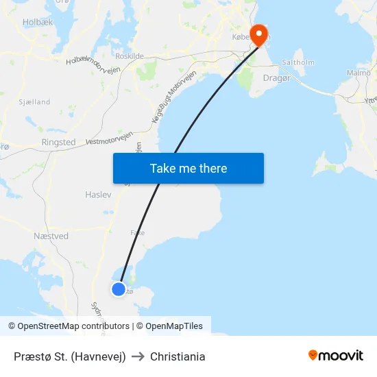 Præstø St. (Havnevej) to Christiania map