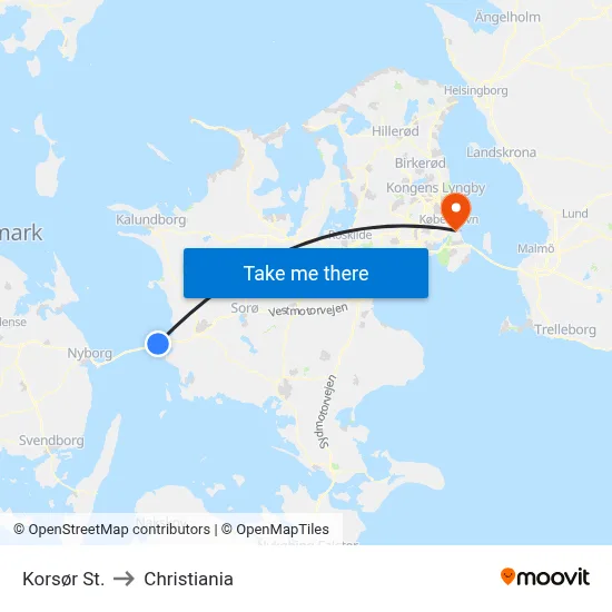 Korsør St. to Christiania map