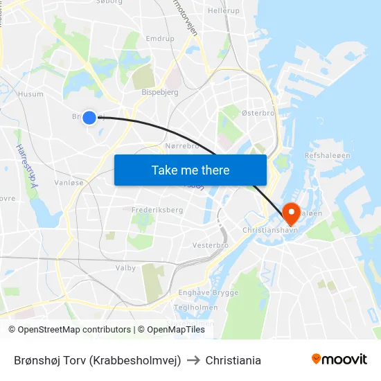 Brønshøj Torv (Krabbesholmvej) to Christiania map