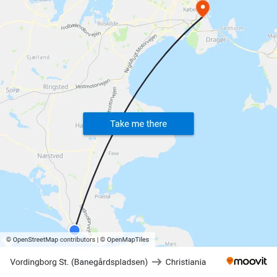 Vordingborg St. (Banegårdspladsen) to Christiania map