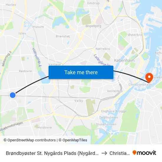 Brøndbyøster St. Nygårds Plads (Nygårds Plads) to Christiania map