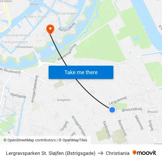 Lergravsparken St. Sløjfen (Østrigsgade) to Christiania map