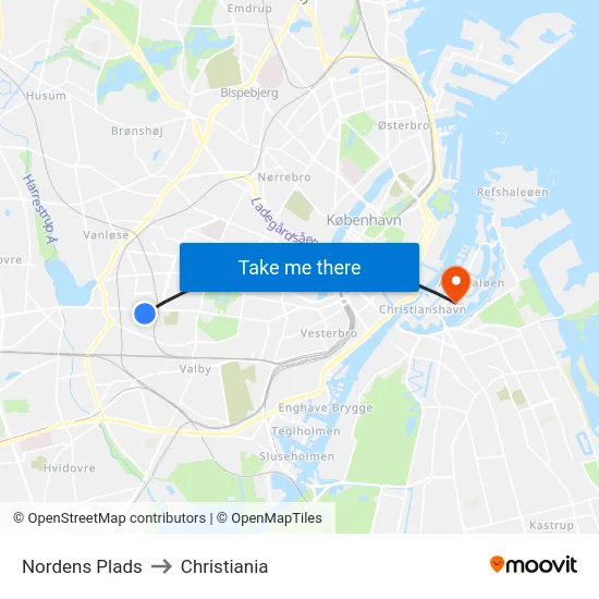 Nordens Plads to Christiania map