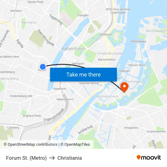 Forum St. (Metro) to Christiania map