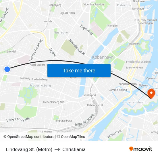 Lindevang St. (Metro) to Christiania map