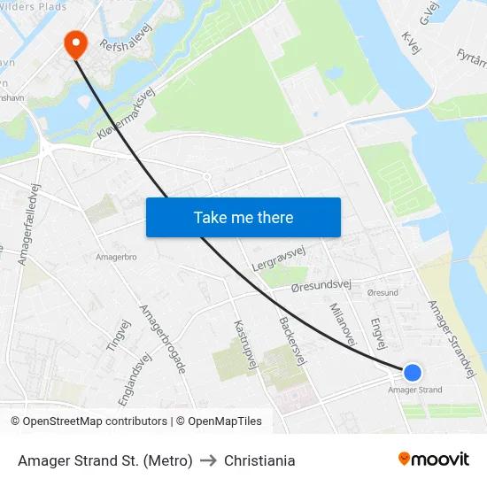Amager Strand St. (Metro) to Christiania map