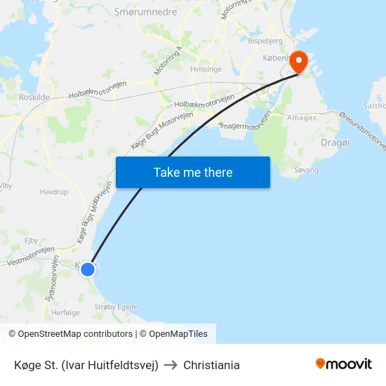 Køge St. (Ivar Huitfeldtsvej) to Christiania map