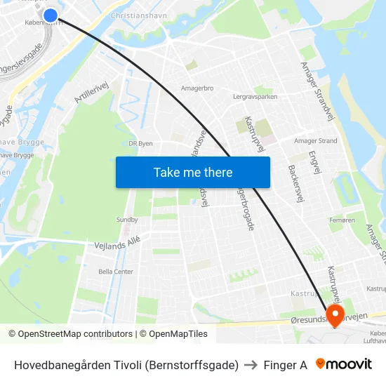 Hovedbanegården Tivoli (Bernstorffsgade) to Finger A map