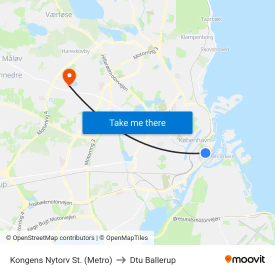 Kongens Nytorv St. (Metro) to Dtu Ballerup map