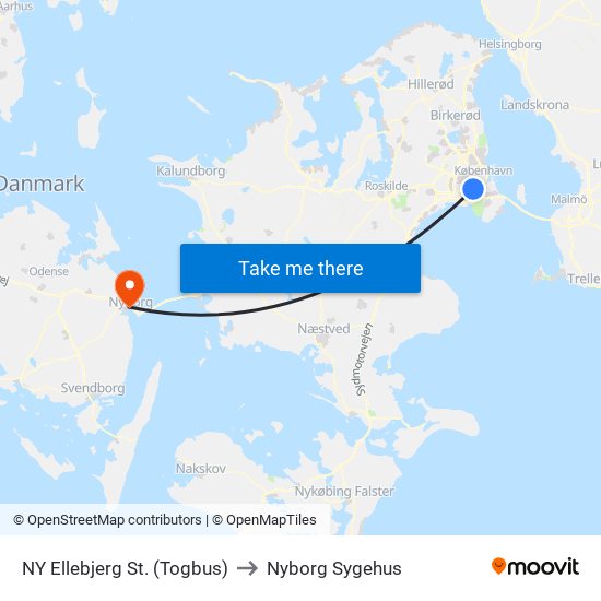 NY Ellebjerg St. (Togbus) to Nyborg Sygehus map