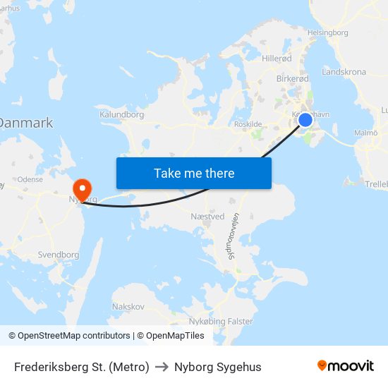 Frederiksberg St. (Metro) to Nyborg Sygehus map