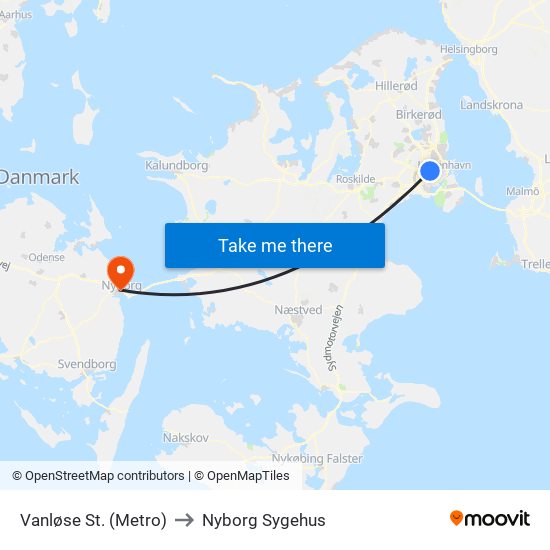 Vanløse St. (Metro) to Nyborg Sygehus map