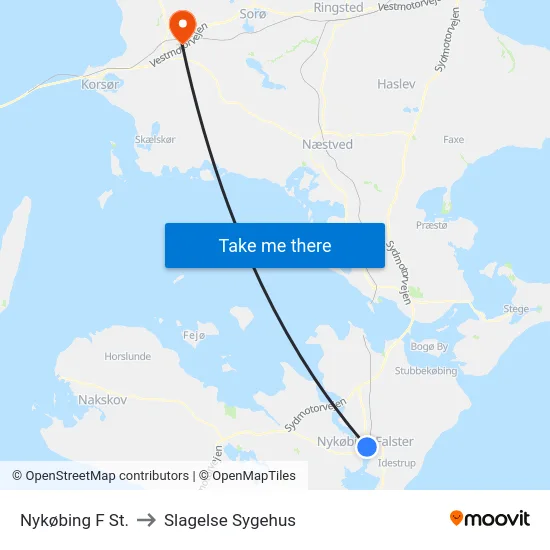 Nykøbing F St. to Slagelse Sygehus map