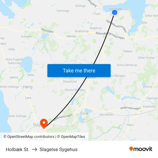 Holbæk St. to Slagelse Sygehus map