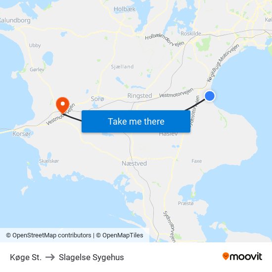 Køge St. to Slagelse Sygehus map