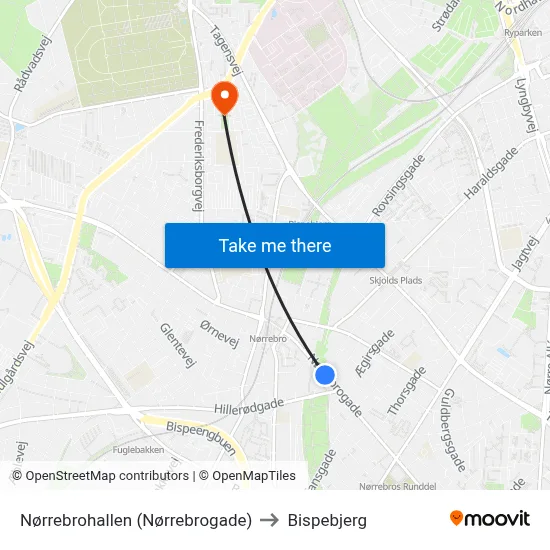 Nørrebrohallen (Nørrebrogade) to Bispebjerg map