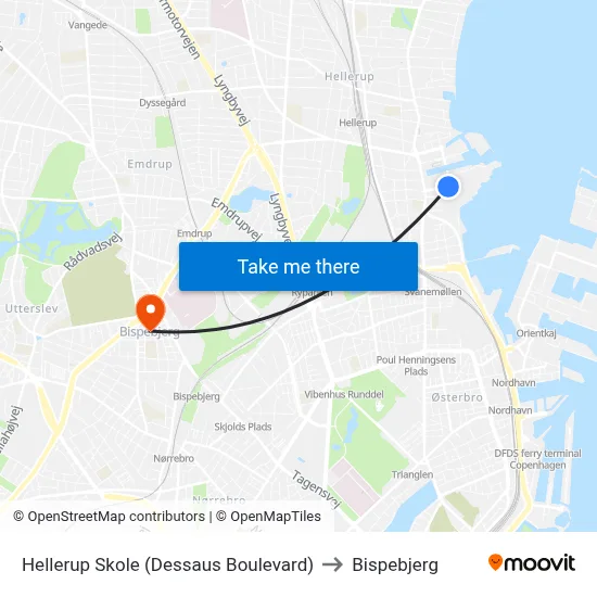 Hellerup Skole (Dessaus Boulevard) to Bispebjerg map