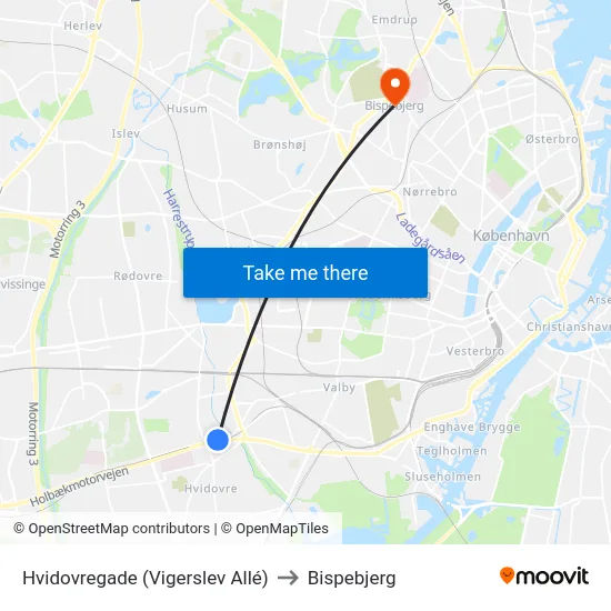 Hvidovregade (Vigerslev Allé) to Bispebjerg map