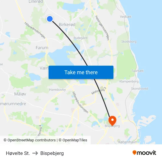 Høvelte St. to Bispebjerg map