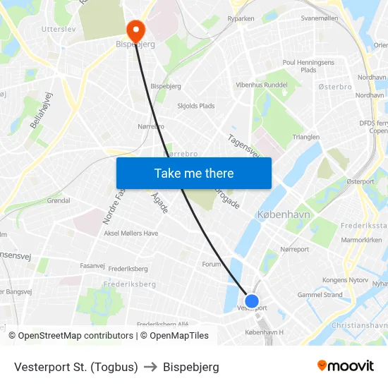 Vesterport St. (Togbus) to Bispebjerg map