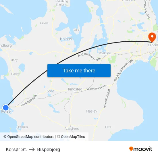 Korsør St. to Bispebjerg map