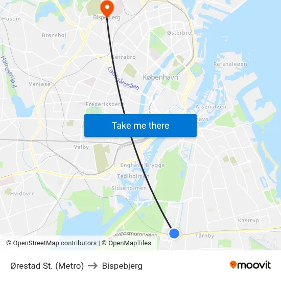 Ørestad St. (Metro) to Bispebjerg map